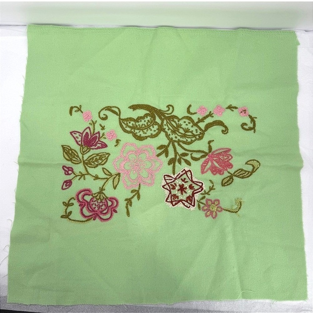 Embroidered Fabric Square Remnant Floral Green Textile Crafting DIY Needlepoint
